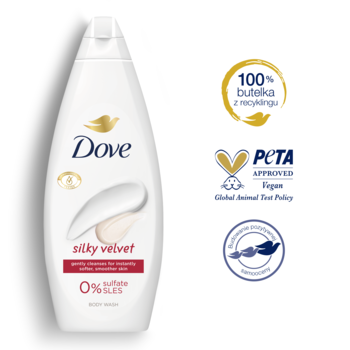 Biała butelka Dove Silky Velvet żel pod prysznic 0% SLES z certyfikatami PETA Vegan i 100% recyklingu.