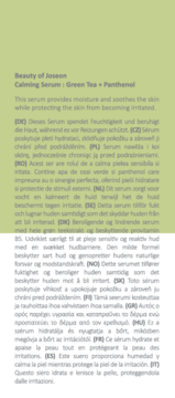 Tekstowy opis serum Beauty of Joseon Calming, z zieloną herbatą i pantenolem, działanie kojące i nawilżające, na zielonym tle.