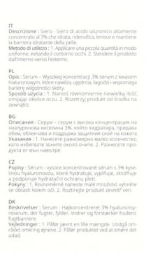 Zbliżenie na drukowane instrukcje Cosrx The Hyaluronic Acid 3 Serum, tekst w językach IT, PL, BG, CZ, DK.