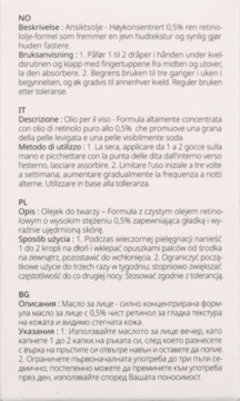 Close-up of printed product instructions for Cosrx The Retinol 0.5, showing text in multiple languages.