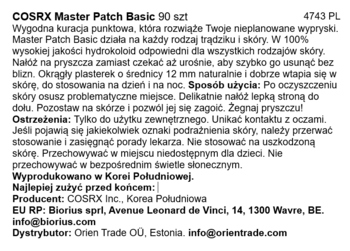 Zbliżenie na białą etykietę COSRX Master Patch Basic, 90 hydrokoloidowych plasterków na wypryski, czarny tekst.