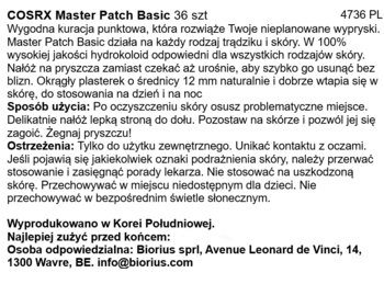 Etykieta produktu COSRX Master Patch Basic 36 szt. z białym tłem i czarnym tekstem, widok z góry.