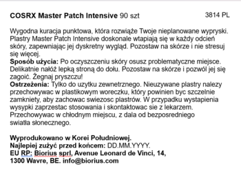 Biała etykieta COSRX Master Patch Intensive 90 sztuk (plastry na wypryski), zbliżenie na czarny tekst po polsku.