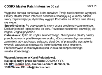 Ulotka informacyjna COSRX Master Patch Intensive 36 szt., opis produktu i instrukcja użycia na białym tle.