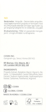 Tył opakowania ampułki Cosrx Propolis Light. Widoczne szczegóły: norweski opis produktu i pełna lista składników.