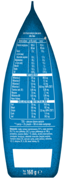 Tył niebieskiego opakowania kaszki Gerber, szczegółowa tabela wartości odżywczych i składniki produktu.