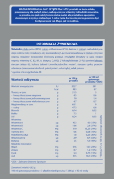 Tył opakowania NAN® OPTIpro Plus 3 HMO, mleka modyfikowanego dla dzieci, z tabelą wartości odżywczych.