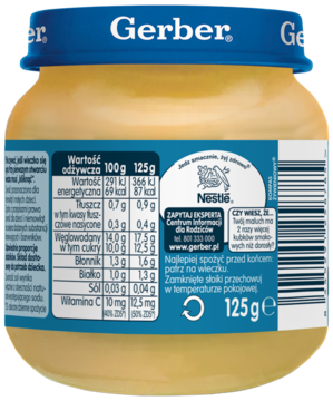 Tył słoiczka Gerber Jabłuszka z biszkoptem 125g. Widoczna biała etykieta z tabelą wartości odżywczych i logo Nestle.