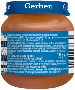 Tył słoiczka Gerber z pastą warzywną z batatem i oregano, 125g, etykieta z opisem i składem produktu.