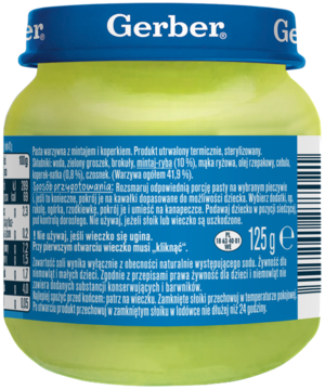 Tył słoika Gerber z zieloną pastą warzywną z mintajem, 125g, dla dzieci od 10. miesiąca życia, z etykietą.