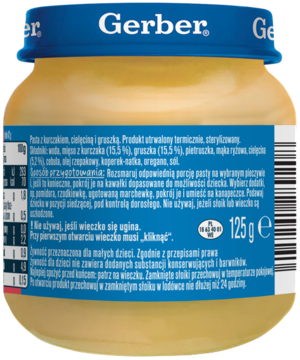 Tylna etykieta słoiczka Gerber z pastą kurczak-cielęcina-gruszka. Widoczny skład, waga 125g.