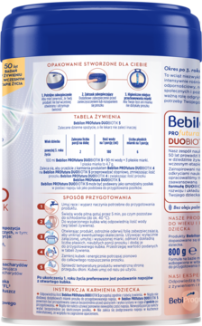 Tył opakowania mleka junior Bebilon PROfutura DUOBIOTIK 5, ciemnoniebieski pojemnik z białą etykietą i instrukcjami przygotowania.