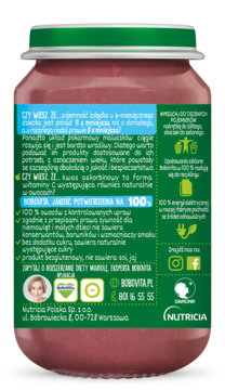 Tył słoiczka Bobovita, deser owocowo-mleczny jabłko-jagoda-banan. Zielona etykieta z białym tekstem i logo Nutricia.