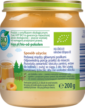 Tył słoiczka HiPP BIO kaszki mannej z owocami, biała etykieta z polskimi instrukcjami i logo bio.