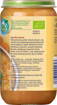 Tył organicznej zupki HiPP BIO z krupniczkiem i kurczakiem, z zielonymi logo eko i instrukcją użycia.