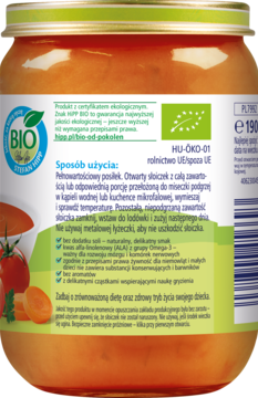 Tył słoiczka HiPP BIO z zupką dla niemowląt. Etykieta z instrukcją użycia, certyfikatem organicznym i składnikami.