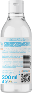 Tył butelki oliwki Jelp Baby 0+ 200 ml, przezroczysta z białym korkiem, etykieta ze składnikami i kodem QR.