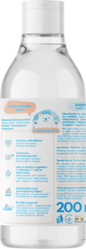 Tył przezroczystej butelki oliwki Jelp Baby 0+, etykieta z opisem: hipoalergiczna, wegańska, 200 ml, z olejem migdałowym.
