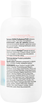 Tył białej butelki szamponu ISANA Professional PLEX z listą składników i opisem Kerarice™.
