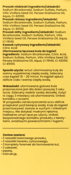 Tył opakowania zestawu Plum! Czyściochowo do kul kąpielowych, z tekstem składników i instrukcji na żółtym tle.