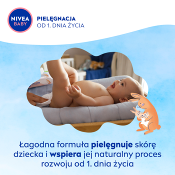 NIVEA BABY: Ujęcie uśmiechniętego niemowlęcia na niebieskim tle, symbolizujące łagodną pielęgnację od urodzenia.