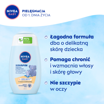 NIVEA BABY Szampon w jasnoniebieskiej butelce z misiem, widok z przodu, tekst „Nie szczypie w oczy”.