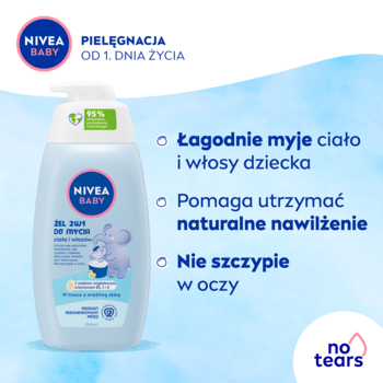 Jasnoniebieski NIVEA BABY Żel do mycia ciała i włosów, butelka z pompką na tle z tekstem o łagodnym myciu bez łez.