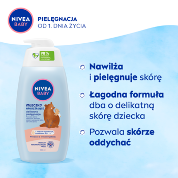 NIVEA BABY Mleczko Nawilżające w jasnoniebieskiej butelce z pompką, widok z przodu, do pielęgnacji od 1. dnia życia.