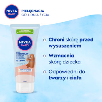 NIVEA BABY Krem Pielęgnacyjny do twarzy i ciała w biało-różowej tubce, chroni przed wysuszeniem.