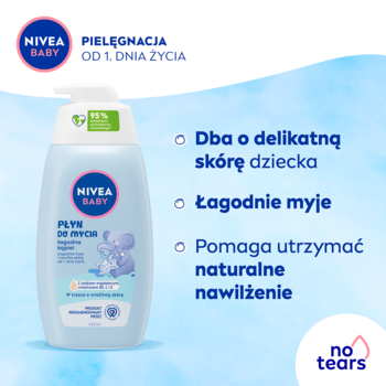 NIVEA BABY płyn do mycia dla dzieci w błękitnej butelce z pompką, widok z przodu. Nawilża delikatną skórę.