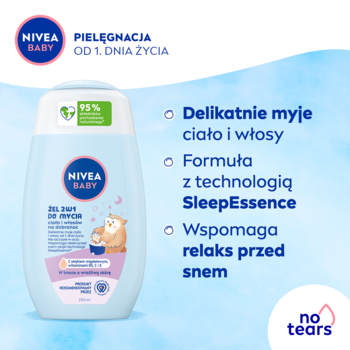 Nivea Baby 2w1 żel do mycia, jasnoniebieska butelka z misiem, widok z przodu na pastelowym tle.