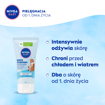 Krem NIVEA BABY w jasnoniebieskiej tubce z misiem, widok z przodu, chroni skórę przed zimnem i wiatrem.