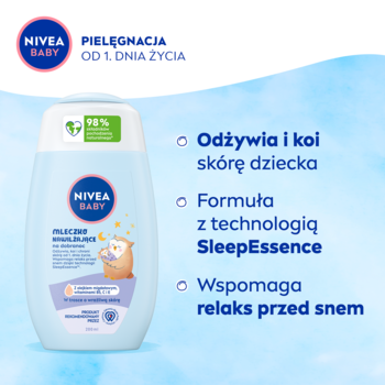 NIVEA BABY Mleczko Nawilżające na dobranoc w jasnoniebieskiej butelce z grafiką śpiącego dziecka, wspiera relaks.