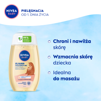 NIVEA BABY Oliwka Pielęgnacyjna, przezroczysta butelka z olejkiem i misiem, na jasnym niebieskim tle.