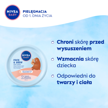 Nivea Baby Krem Pielęgnacyjny do twarzy i ciała, biały słoik z niebieską pokrywką, widok z przodu, na niebieskim tle z hasłami.