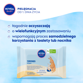 Niebieskie chusteczki NIVEA BABY Toddies z królikiem, wspierające łagodne oczyszczanie i naukę korzystania z toalety.