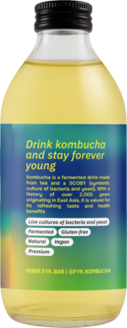 Tył butelki Forever Young Kombucha Jasmine, widoczna niebieska etykieta z opisem korzyści i składników.