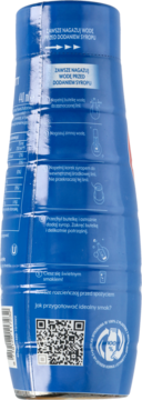 Tył niebieskiej butelki koncentratu SodaStream Pepsi z białymi instrukcjami użycia i kodem QR.