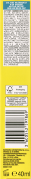 Tył opakowania Garnier SPF 50+ BHA + Niacinamide, żółte, z listą składników, kodem kreskowym i pojemnością 40ml.