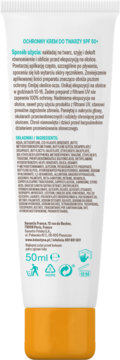 Kolastyna Ochronny Krem do Twarzy SPF 50+, tył białej tubki, widoczne polskie instrukcje i skład.