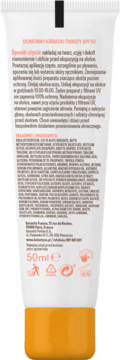 Tył tubki Kolastyna SPF 50 krem do twarzy, biała z pomarańczowym spodem, widoczna etykieta ze składnikami i instrukcjami w języku polskim, 50ml.
