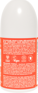 Tył białego roll-onu Alphanova Organic Sun SPF 50+ wodoodpornego, z pomarańczową etykietą, widocznym składem i certyfikatami BIO.