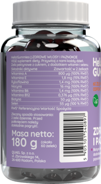 Tył przezroczystej butelki Hello Gummies Zdrowe Włosy i Paznokcie z fioletową etykietą i tabelą składników.