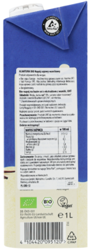 Tył kartonu Alnatura Bio napoju sojowego waniliowego UHT. Etykieta z wartościami odżywczymi, składnikami, instrukcjami.