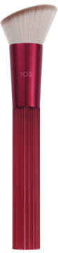 Pędzel do bazy Real Techniques Bronzed Up, bordowy uchwyt z '103', gęste białe ścięte włosie, widok z przodu.