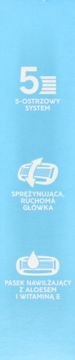 Cechy maszynki do golenia na niebieskim tle: 5 ostrzy, ruchoma główka, pasek nawilżający z aloesem.