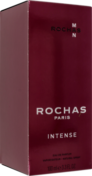 Ciemnoczerwone pudełko perfum Rochas Man Intense EDP 100ml, z logo i połyskującym napisem, widok ukośny.