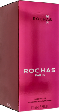 Pudełko Rochas Man EDT 100ml, woda toaletowa, w odcieniu magenta z czarnymi napisami, widok z przodu i boku.