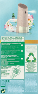 Tył opakowania automatycznego odświeżacza powietrza Air Wick Naturmatic. Widać składniki, recykling i QR kod.