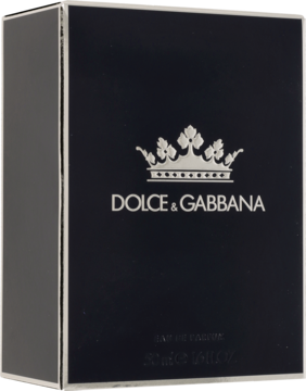Czarny kartonik perfum Dolce & Gabbana King Man 50ml, z przodu srebrna korona i logo, widok pod kątem.